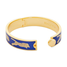 Load image into Gallery viewer, Leopard Cobalt &amp; Gold Hinged Bangle, 13mm
