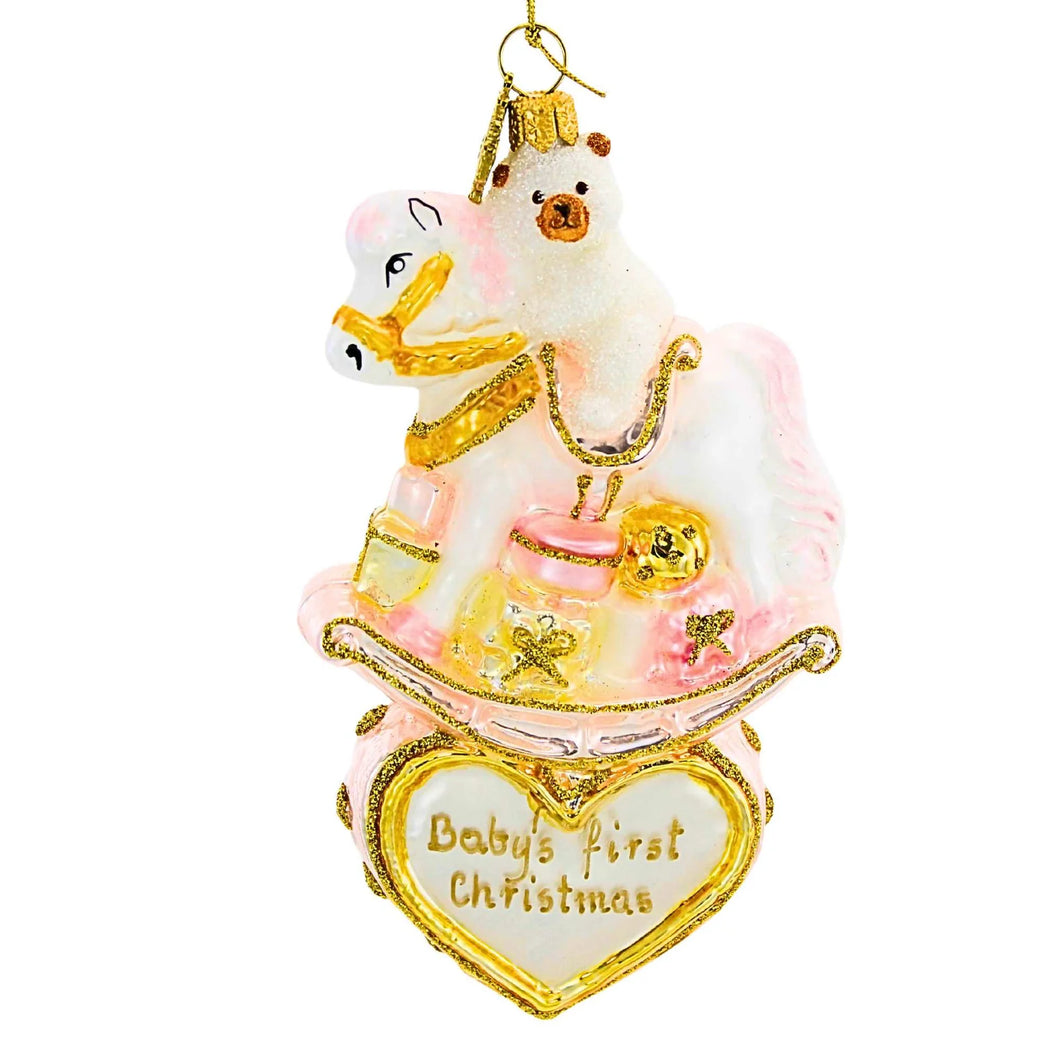 Rocking Horse on Heart (Baby's First Christmas) Ornament, Pink