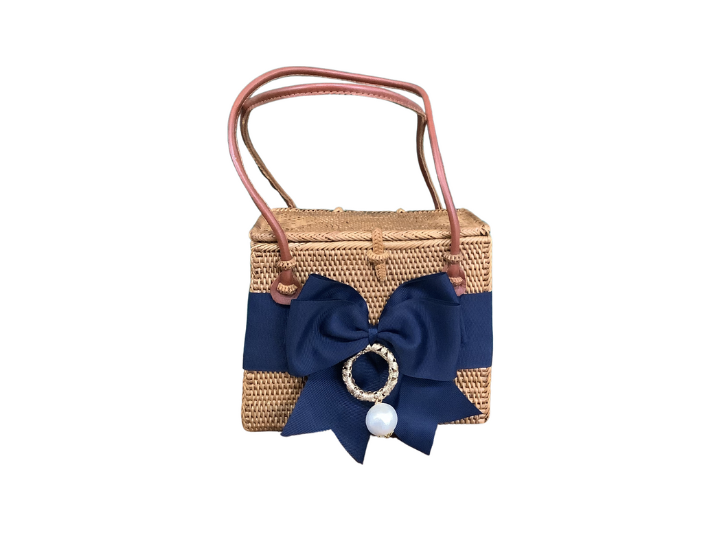 Emory Bag with Fluffy Navy Bow & Pearl Drop