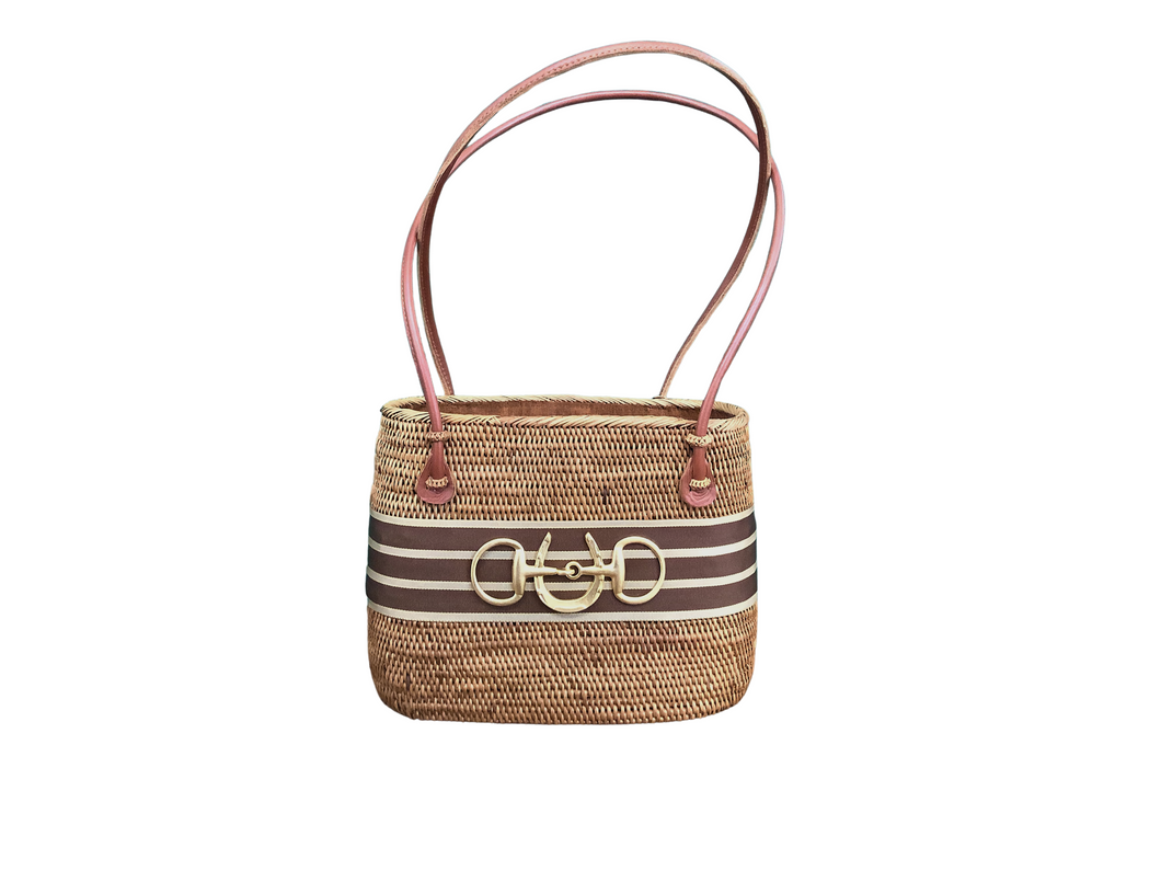 Charlotte Medium Tote with Brown/Gold Stripe Ribbon & Horseshoe Snaffle