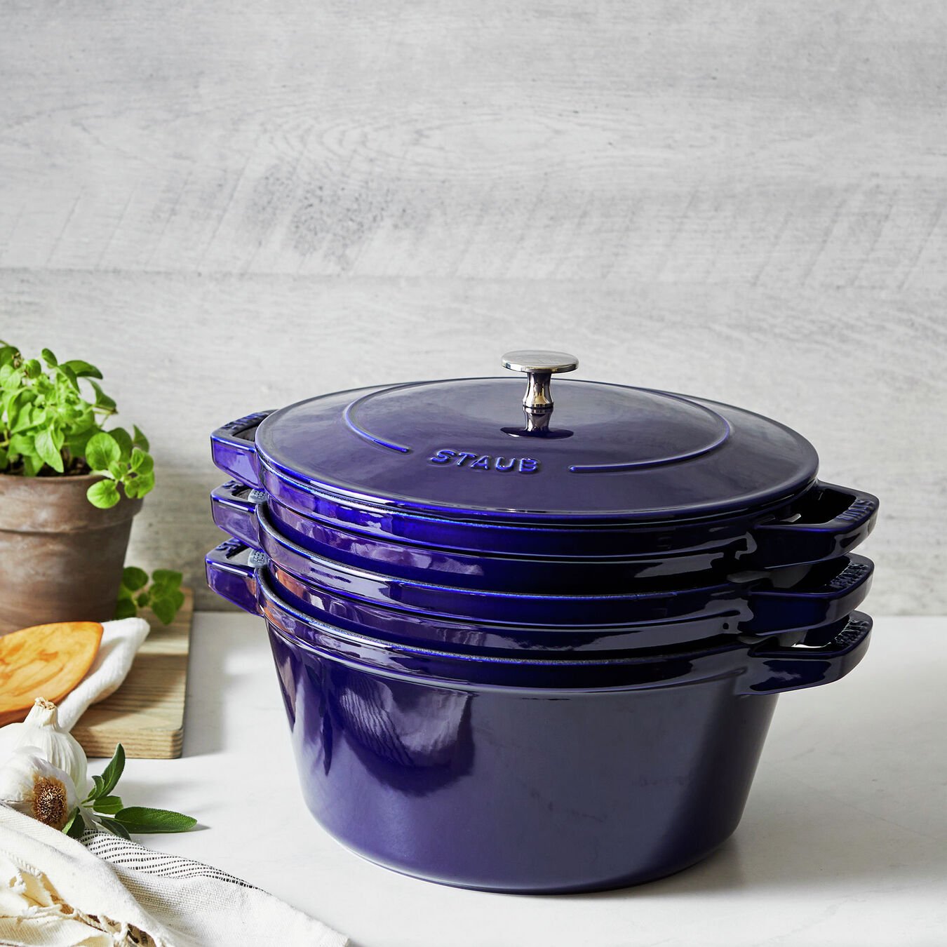 Staub Cast Iron Set 4-PC, Stackable Space-Saving Cookware Set, Dutch Oven  With Universal Lid, Made In France, Matte Black