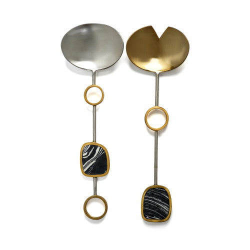 Capri Nickel & Gold Salad Servers, Black